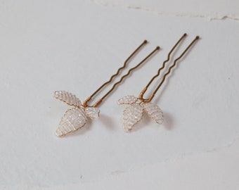 Ivory Botanical Hair Pins (Set of 2) | beaded leaf hair pins