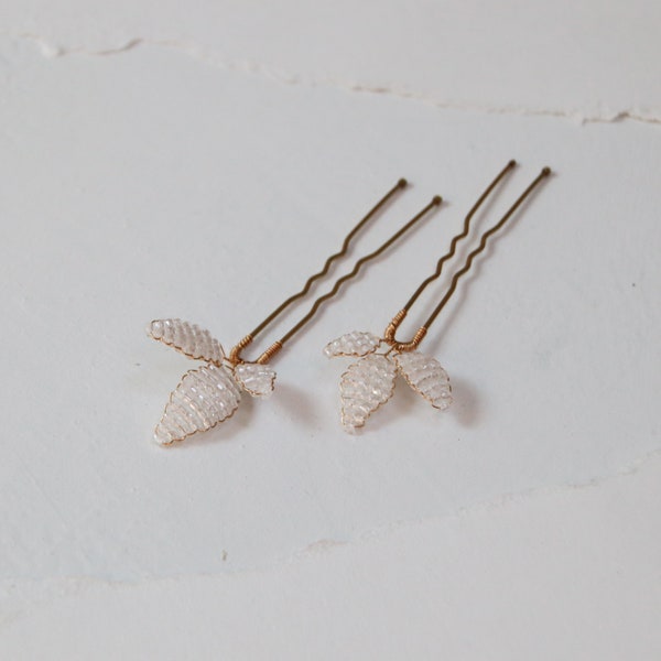Ivory Botanical Hair Pins (Set of 2) | beaded leaf hair pins