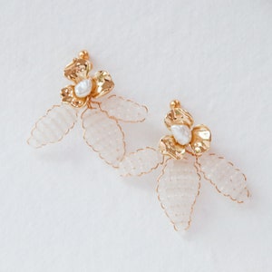 Gold Floral & Beaded Leaf Drop Earrings image 1