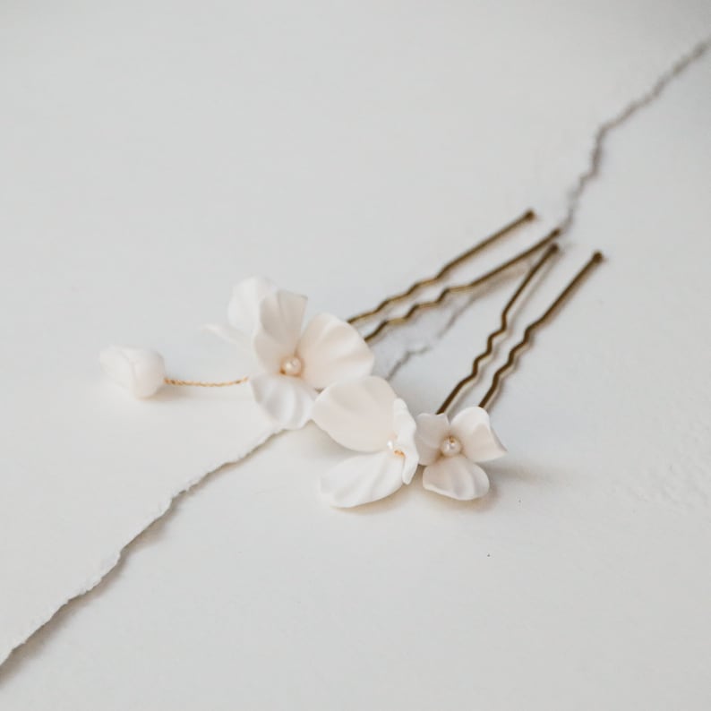 White Floral Hair Pins Set of 2 delicate off white flowers with a tiny flower bud image 1