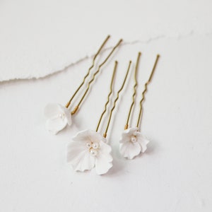 Blossom Hair Pins (Set of 3): Ivory Clay Flowers, Freshwater Pearls