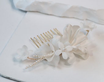 Silk Floral Hair Comb | delicate and whimsical bridal hair clip featuring silk flowers and freshwater pearls