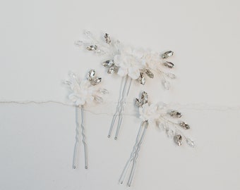 Épingles à cheveux Gardenia blanc (lot de 3) | Épingles à cheveux de mariée avec strass et accents de cristal de verre
