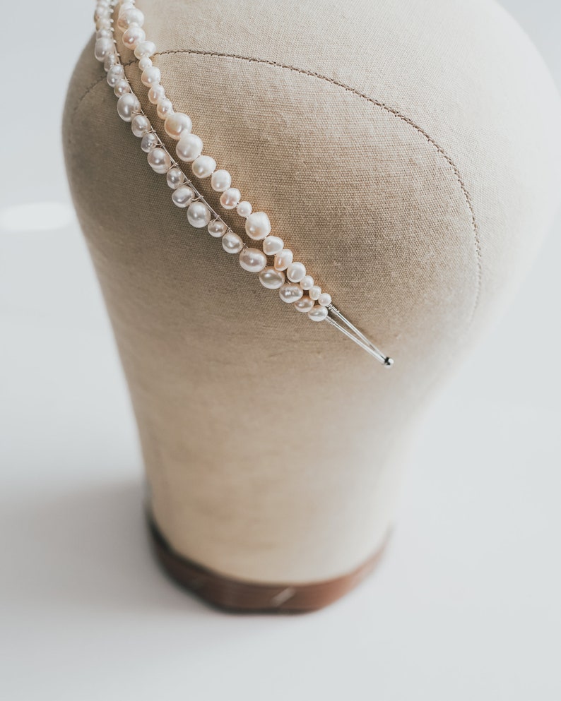 Bandeau double rang de perles d'eau douce Accessoires de mariage simples et modernes Barrettes de demoiselle d'honneur et de mariée image 7