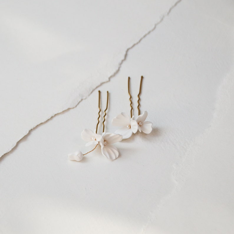 White Floral Hair Pins Set of 2 delicate off white flowers with a tiny flower bud image 2