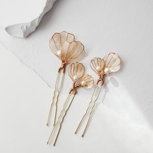Atlantis Hair Pins | nautical champagne tinted resin seashell hair clips with freshwater pearls
