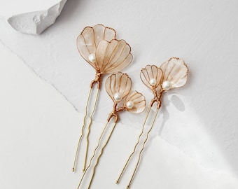 Atlantis Hair Pins | nautical champagne tinted resin seashell hair clips with freshwater pearls