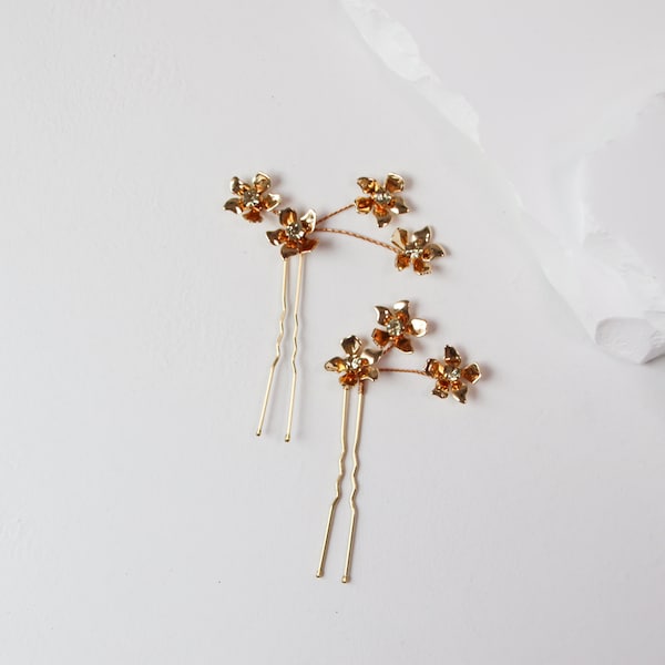 Gold Floral Spray Hair Pins (Set of 2) | tiny gold flower hair pin set for bride, wedding, bridesmaids