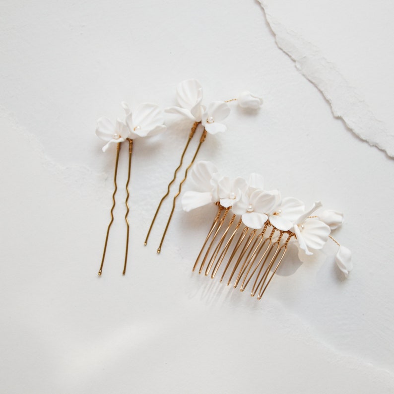 White Floral Hair Pins Set of 2 delicate off white flowers with a tiny flower bud image 4