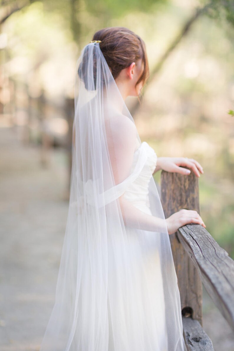 ORCHID Single Tier Illusion Tulle Veil l Wide Chapel Veil with Natural Raw Edge & Geometric Gold Comb image 2