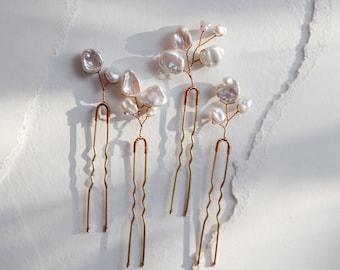 Nugget Pearl Hair Pins (Set of 4) | large gold bridal hair pins with branches of baroque keshi pearls