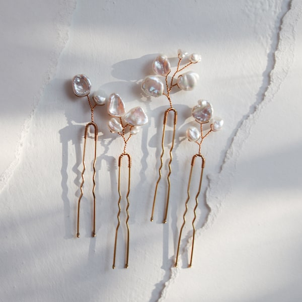 Nugget Pearl Hair Pins (Set of 4) | large gold bridal hair pins with branches of baroque keshi pearls