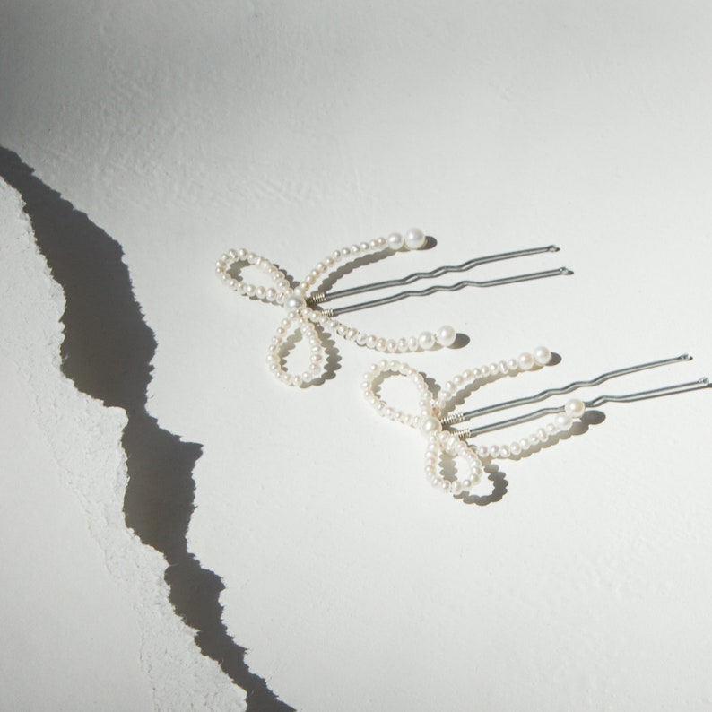 Mini Pearl Bow Hair Pins Set of 2 image 4