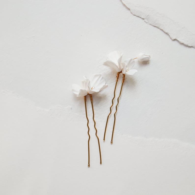 White Floral Hair Pins Set of 2 delicate off white flowers with a tiny flower bud image 3