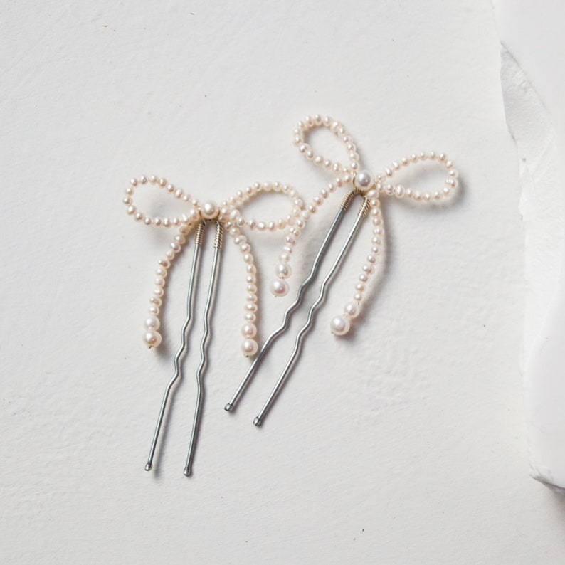 Mini Pearl Bow Hair Pins Set of 2 image 3