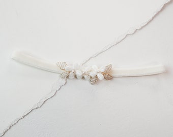 Velvet Flower Garter | Ivory Floral Bridal Garter with freshwater pearls and glass beaded leaves