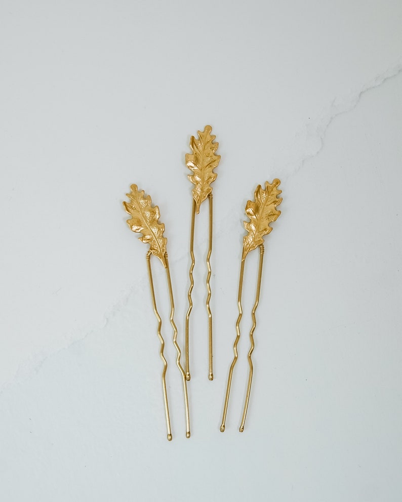Mini Gold Oak Leaf Hair Pins Set of 3 Woodland Inspired Branch and Leaf Wedding Hair Accessories image 1