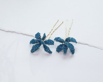 Iris Beaded Hair Pins (Set of 2) | handmade bridal floral hair pins in dusty french blue