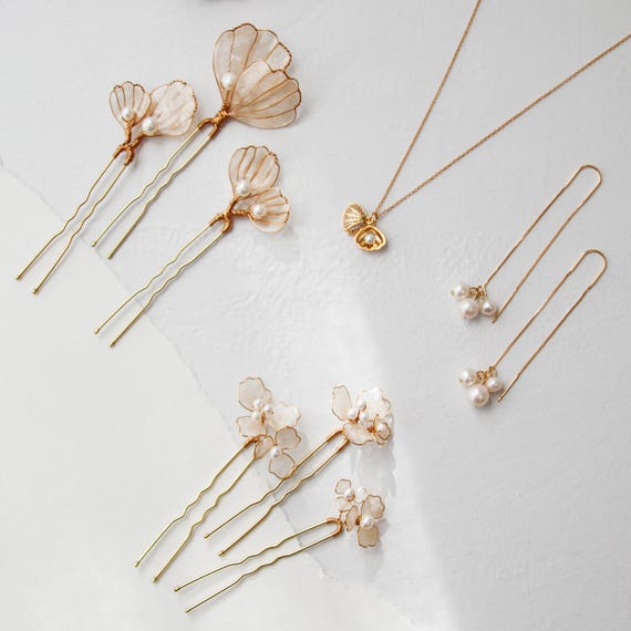 Champagne Floral Hair Pins (set of 3): Gold Resin Flowers  display picture 2