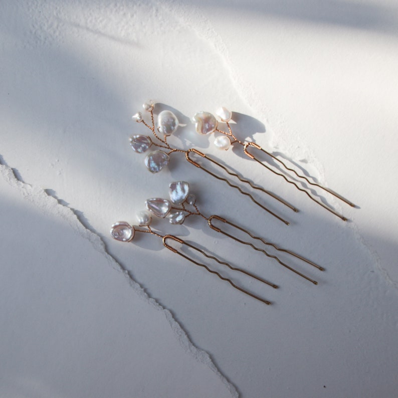 Nugget Pearl Hair Pins Set of 4 large gold bridal hair pins with branches of baroque keshi pearls image 4
