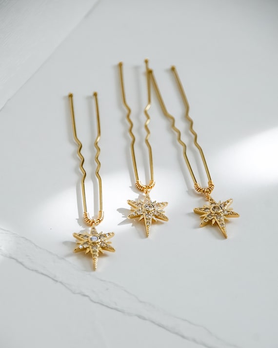 Gold Starburst Hair Pins | Cubic Zirconia Celestial Bridal 
