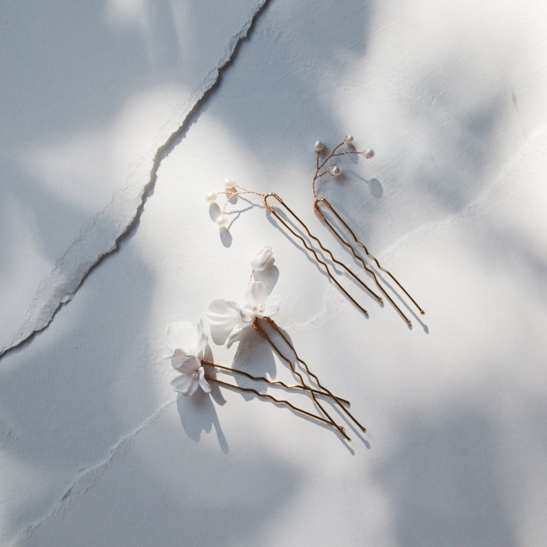 White Floral Hair Pins Set of 2 delicate off white flowers with a tiny flower bud image 5