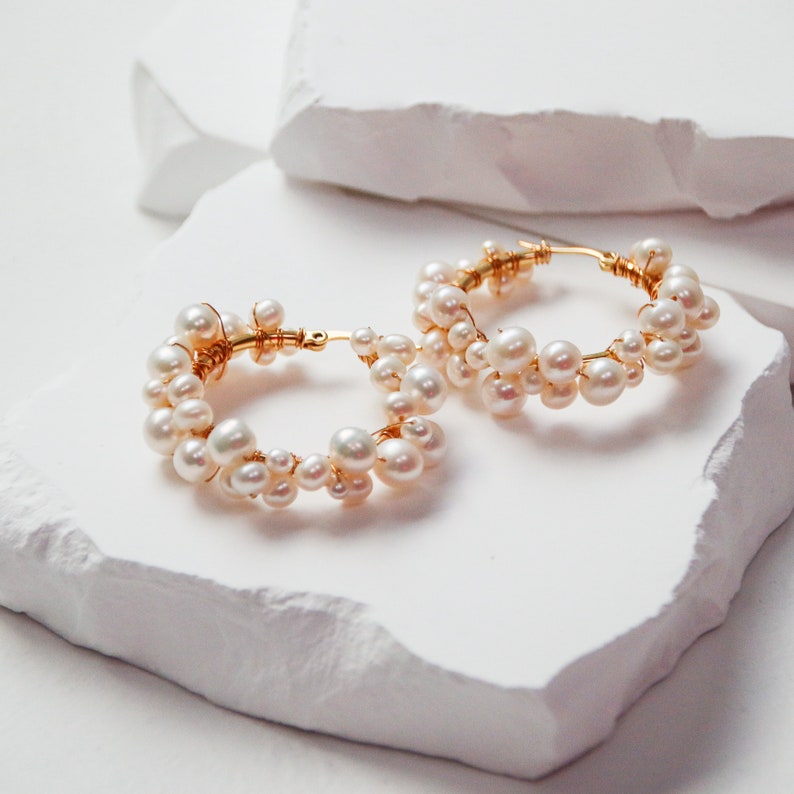 Pearl Cluster Hoop Earrings image 3