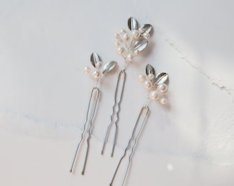 Pearl Branch and Leaf Hair Pins (Set of 3) | Romantic & Fanciful Wedding Accessories | Floral and Branch Wedding Decorative Hair Accessories