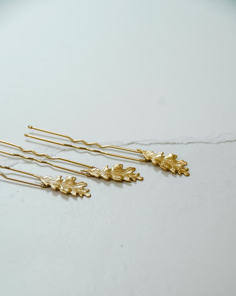 Mini Gold Oak Leaf Hair Pins Set of 3 Woodland Inspired Branch and Leaf Wedding Hair Accessories image 3