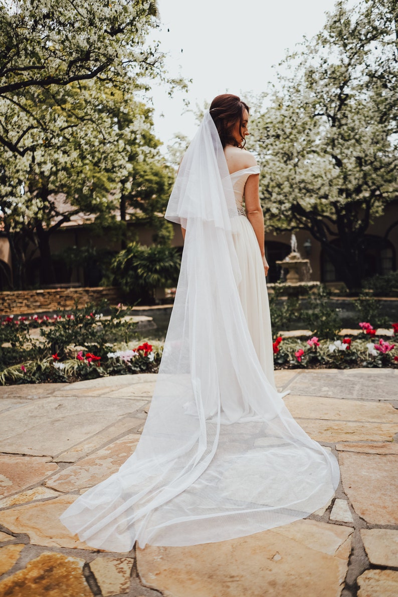 CALLA Ivory Silk Tulle Two Tier Chapel Length Veil Romantic Boho Traditional Classic Bridal Veil With Blusher and Raw Edge image 2