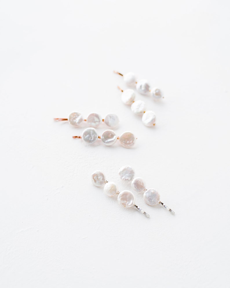 Freshwater Pearl Hair Pins Set of 2 Gold, Silver, and Rose Gold Simple and Modern Wedding Accessories Bridesmaid & Bridal Hair Pins image 5