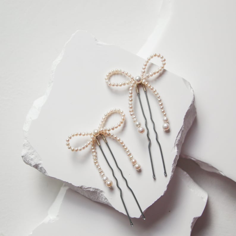 Mini Pearl Bow Hair Pins Set of 2 image 1