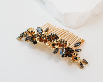 Black & Gold Floral Hair Comb | bespoke bridal hair slide featuring gold flowers, black enamel, and smoke gray rhinestones