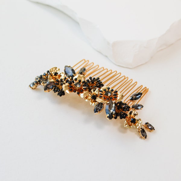 Black & Gold Floral Hair Comb | bespoke bridal hair slide featuring gold flowers, black enamel, and smoke gray rhinestones