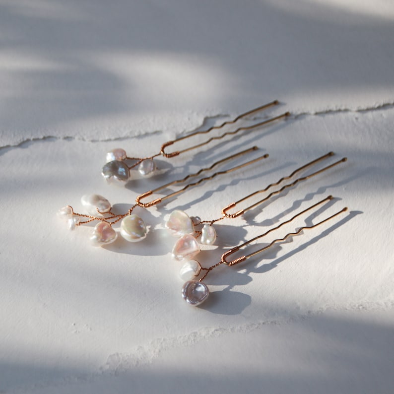 Nugget Pearl Hair Pins Set of 4 large gold bridal hair pins with branches of baroque keshi pearls image 3