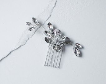 Minimal Floral Hair Comb | large silver flower bridal hair comb with scattered marquise rhinestones