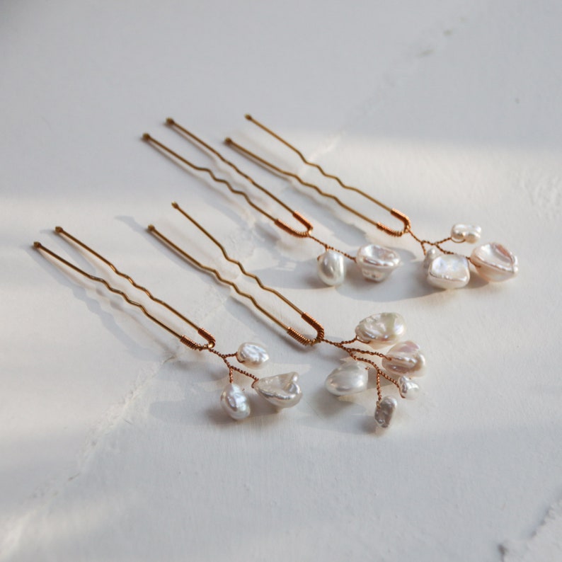 Nugget Pearl Hair Pins Set of 4 large gold bridal hair pins with branches of baroque keshi pearls image 2
