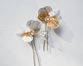 Viola Hair Pins | gold floral wedding accessories featuring polymer clay flowers, glass beaded leaves, and agate gemstones