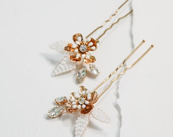 Gold & White Floral Hair Pins (Set of 2)