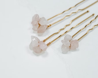 Rose Quartz Cluster Hair Pins (Set of 3) | real quartz stone bridal accessories