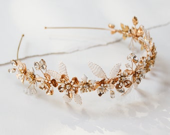 Gold Floral Crown | decorative bridal statement headband with chrome gold flowers, rhinestones, and white glass beaded leaves