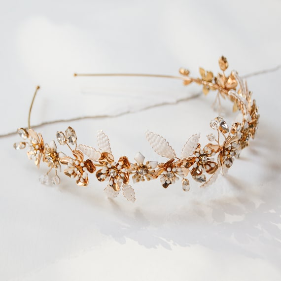 Gold Floral Bridal Crown: Rhinestone & Beaded Flower 