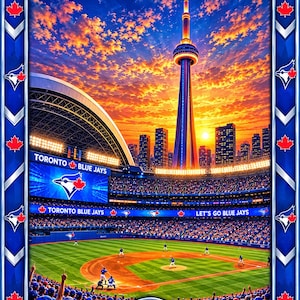 May include: A framed poster featuring the Toronto Blue Jays baseball stadium at sunset with the CN Tower in the background. The border displays the team logo and red maple leaf icons. The scoreboard shows the text Toronto Blue Jays and Let's Go Blue Jays.