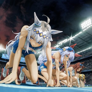 Può includere: Illustrazione di personaggi in stile anime in abbigliamento sportivo su una linea di partenza. I personaggi, con orecchie di animali, indossano uniformi blu e bianche, pronti a correre. Lo sfondo mostra le luci dello stadio.