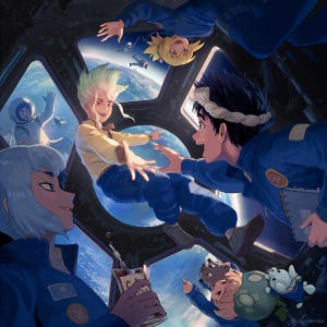 May include: An anime-style illustration depicts several characters in a space station, with Earth visible through the windows. The characters are wearing blue jumpsuits and appear to be interacting with each other. The artwork has a vibrant color palette and a dynamic composition.