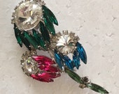 Weiss Rhinestone Coneflower Brooch Stunning Bold Flower pin Coneflowers in Red, Bue and Green, in silvertone Rhodium plated setting