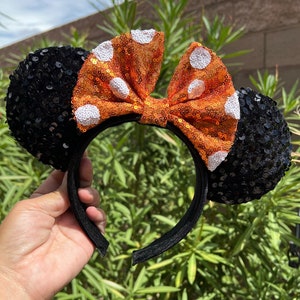 Black sequins orange polka dot bow Ears