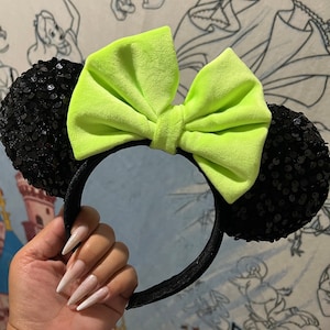 New Design fully sewn Classic black ears with neon green bow