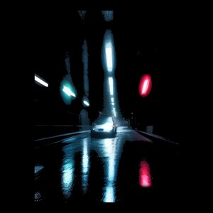 May include: A graphic print featuring a car driving through a dark tunnel at night. The scene is illuminated by bright white headlights, overhead tunnel lights, and a glowing red circular light, all reflecting on the wet road surface.