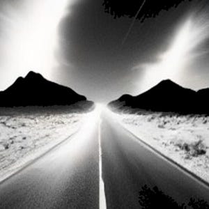Op de afbeelding: Een zwart-witfoto met hoog contrast van een rechte asfaltweg die naar een heldere horizon leidt. De sc&egrave;ne wordt geflankeerd door donkere, silhouetachtige bergketens aan beide kanten, met een dramatische, bewolkte lucht erboven.